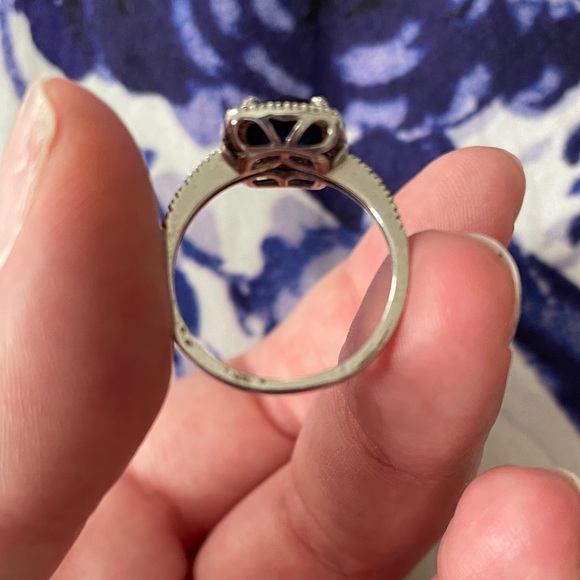 10k White Gold Lab-Created Sapphire & 1/5 Carat T.W. Diamond Cushion Halo Ring - Picture 6 of 8